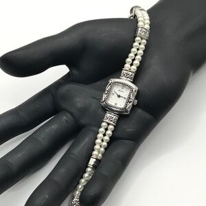 Brighton Watch Faux Pearl Bracelet Emporia Silver  Plate Toggle Runs New Battery
